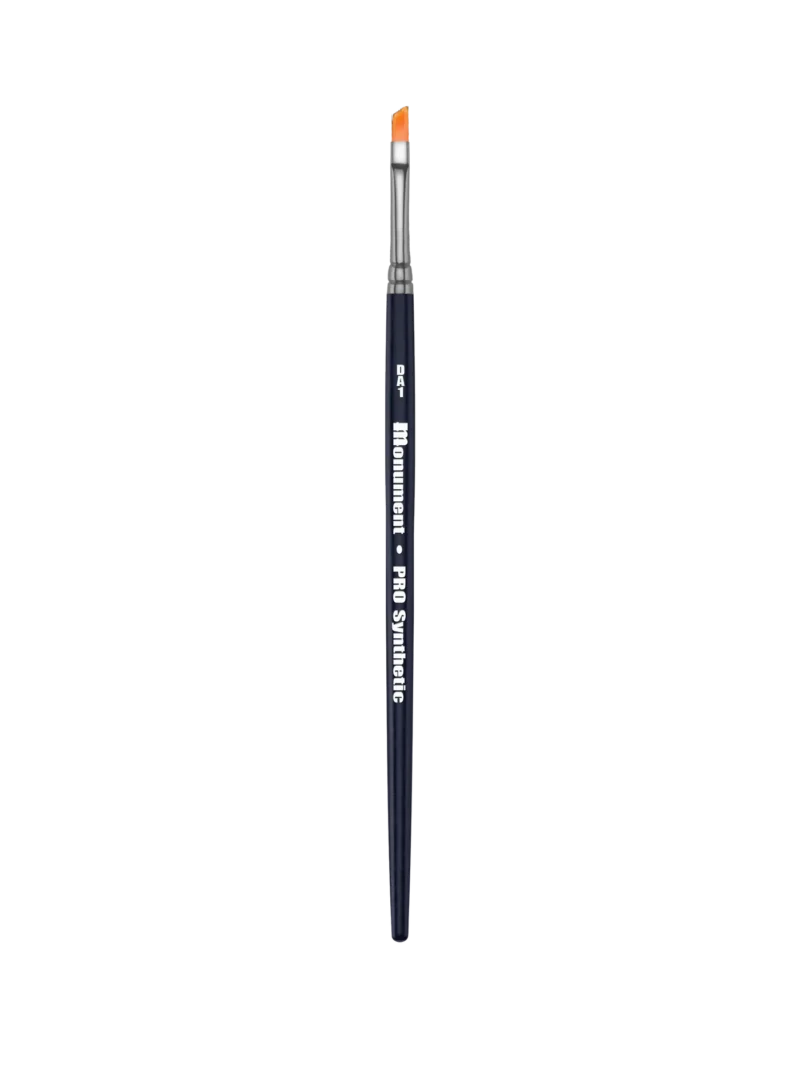 Elegant precision paintbrush with a dark blue handle and vibrant orange bristles for detailed artistry.
