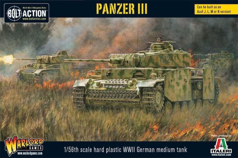 Dynamic Panzer III model kit showcasing detailed tanks in a WWII battlefield scene.
