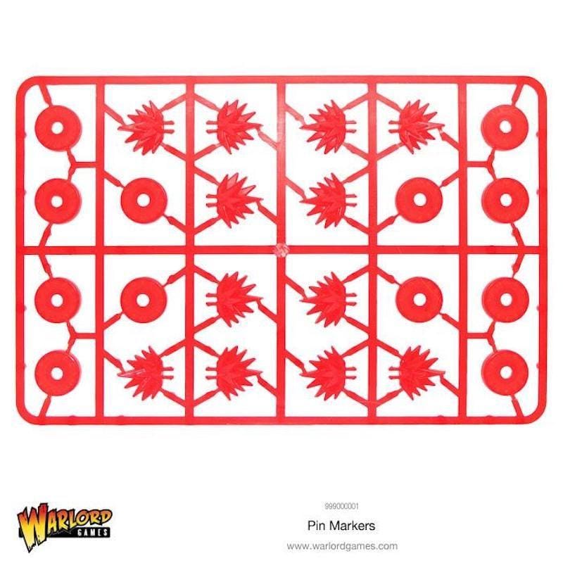 Bright red pin markers for tabletop gaming, featuring circular and starburst designs for versatile gameplay.