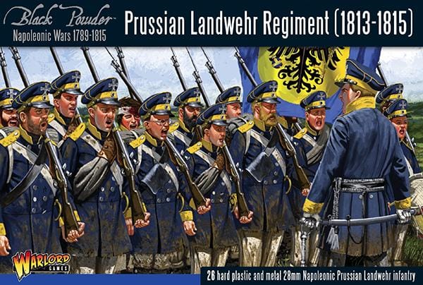 Prussian Landwehr soldiers in blue and yellow uniforms ready for battle during the Napoleonic Wars.