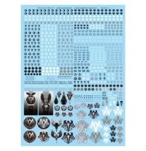 Raven Guard emblem designs in black and silver on a light blue background for creative projects.
