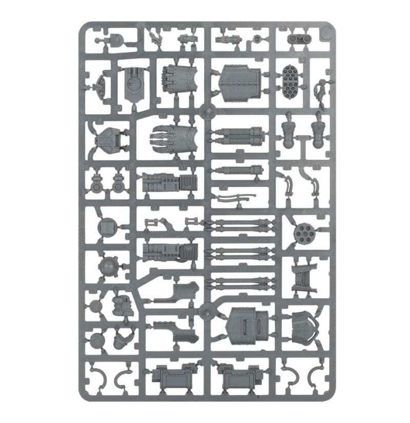 Intricate gray plastic sprue featuring customizable robotic components for dynamic model building.