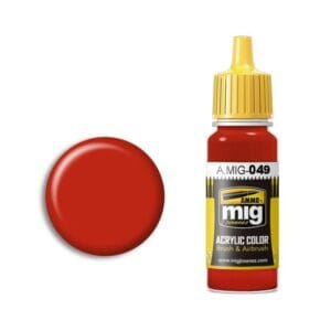 Vibrant red acrylic paint swatch and bottle, perfect for artists and hobbyists.