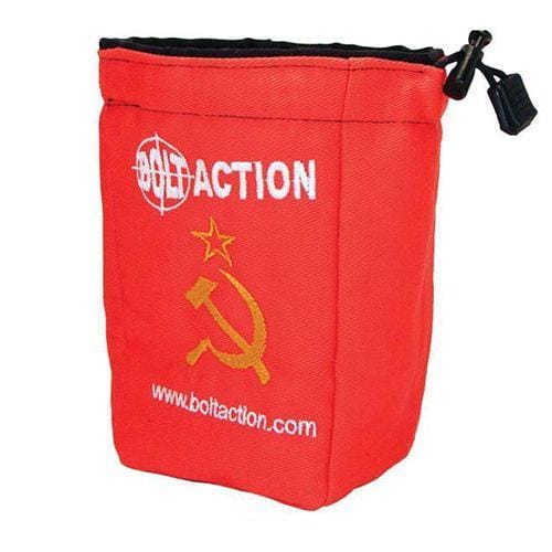 Vibrant red pouch with BOLT ACTION logo and gold Soviet emblem, ideal for accessories and tools.