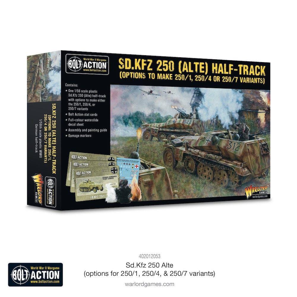 Sd.Kfz. 250 Half-Track model kit by Warlord Games, featuring historical options and battlefield artwork.