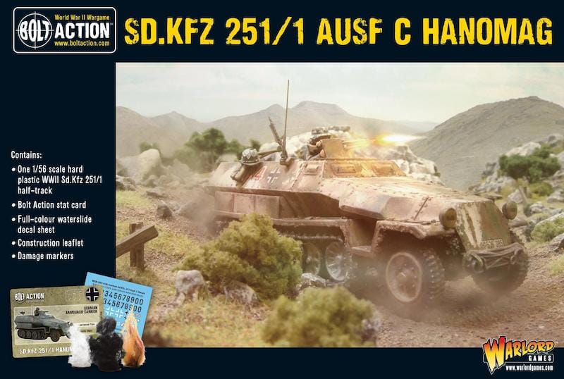 Detailed Sd.Kfz. 251/1 Ausf C Hanomag model for tabletop wargaming with dynamic scene elements.