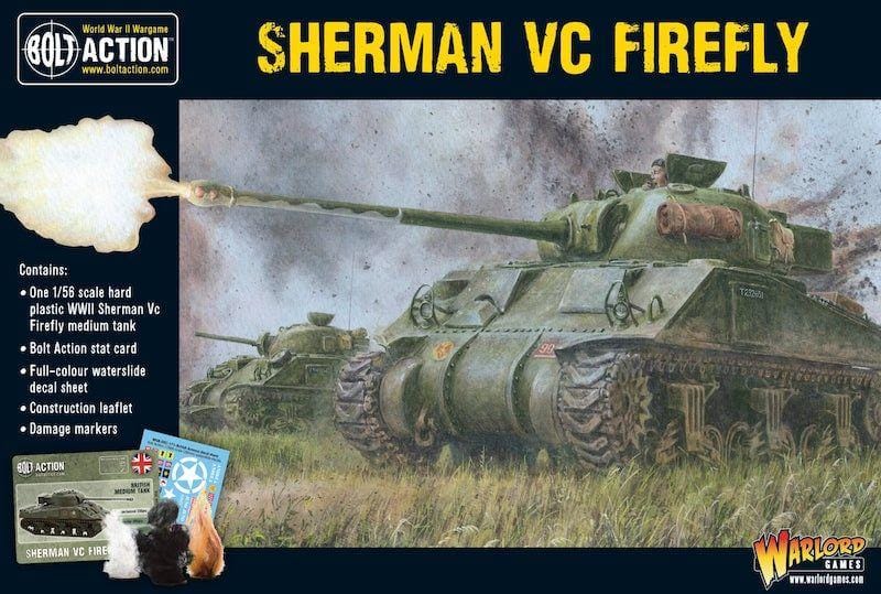 Sherman VC Firefly model kit box art featuring dynamic battlefield action and collectible gaming elements.