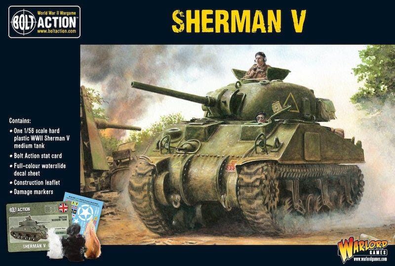 Sherman V tank model box art for Bolt Action game features dynamic battlefield scene and action.