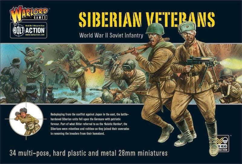Siberian Veterans WWII Soviet Infantry miniatures set with vibrant soldier artwork and detailed packaging.