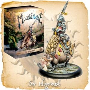 Whimsical knight Sir Hogsplash rides a colorful boar in the enchanting Moonstone tabletop game.