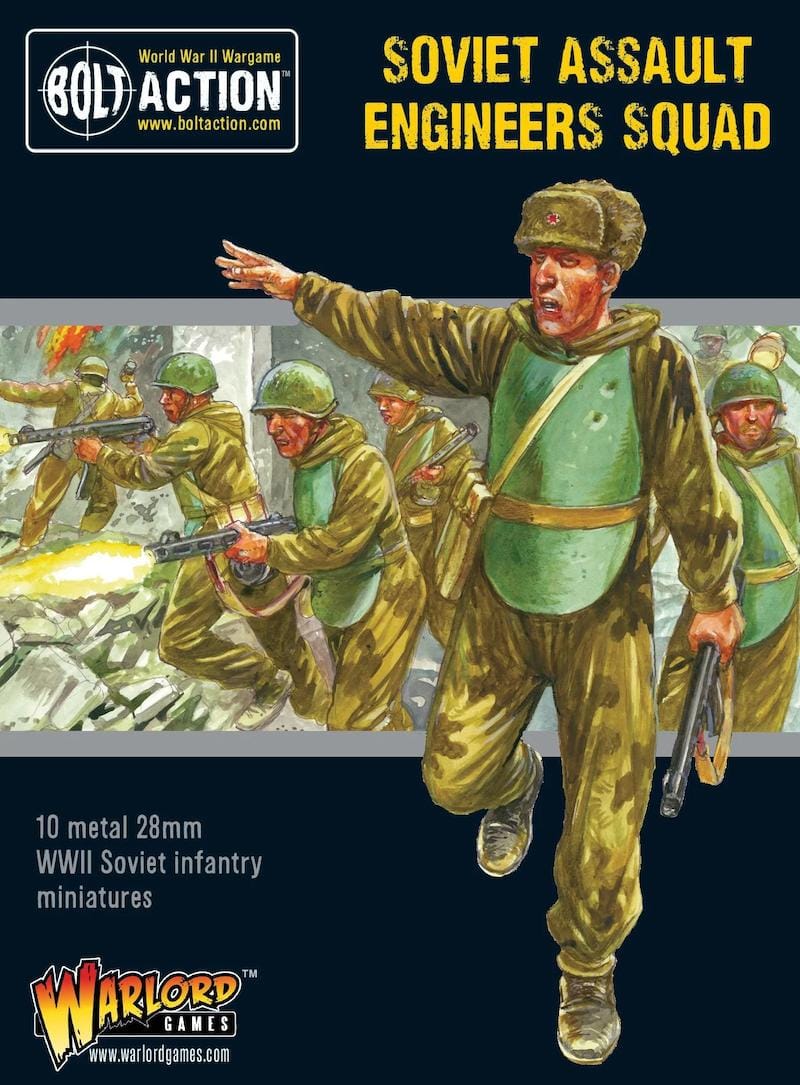 Soviet Assault Engineers miniatures set for Bolt Action, featuring ten dynamic WWII soldiers.