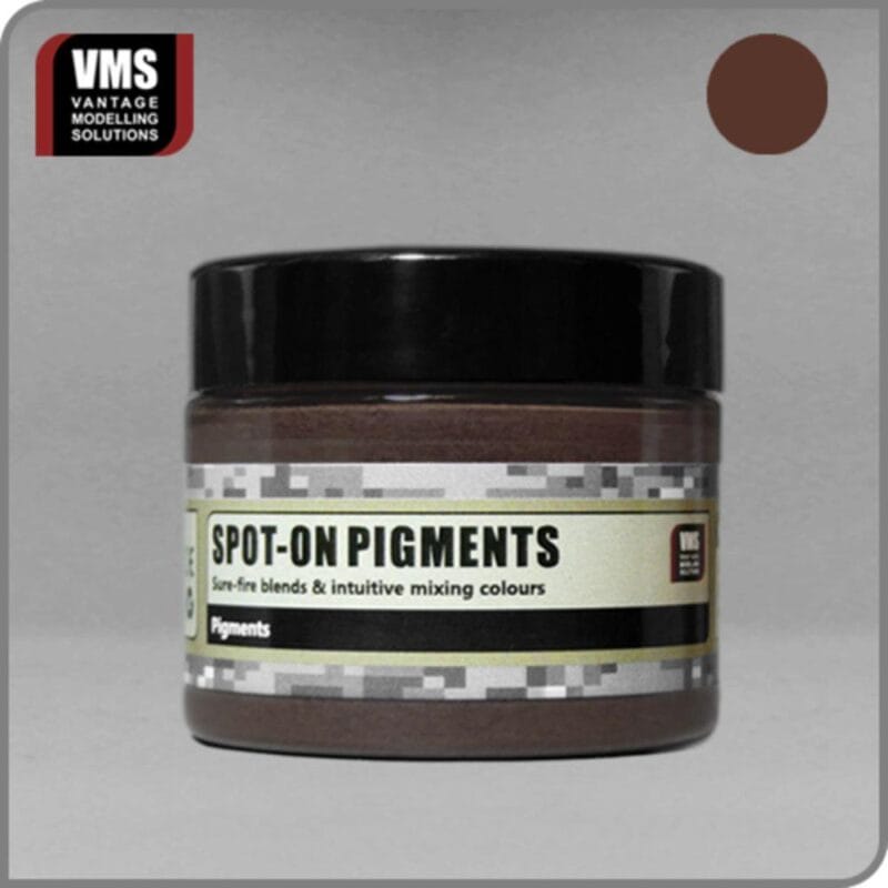 Spot-On Pigments dark brown jar for model painting and intuitive mixing from Vantage Modelling Solutions.