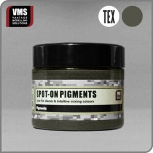Dark green SPOT-ON Pigments in a sleek VMS jar for precise artistic color mixing.