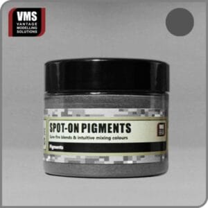 Medium gray Spot-On Pigments in a clear container, ideal for modelers and hobbyists.