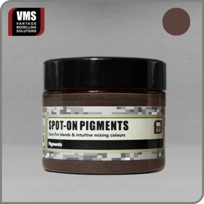 Dark brown VMS Spot-On Pigments in a sleek jar, ideal for versatile modeling projects.