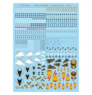 Vibrant graphic design sticker sheet featuring icons, flames, and mythical creatures for creative projects.