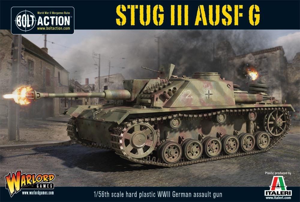 STUG III Ausf G in action, showcasing its detailed design amid a war-torn landscape.