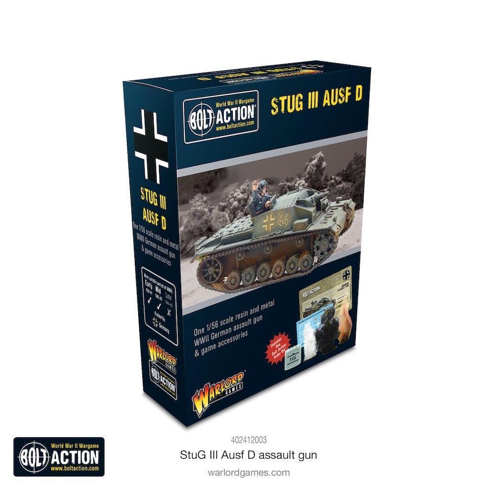 Stug III Ausf D assault gun model packaging with battlefield illustration and Bolt Action branding.