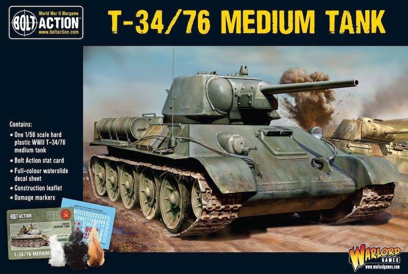 Detailed T-34/76 tank model for wargaming enthusiasts, featuring iconic design and tactical accessories.
