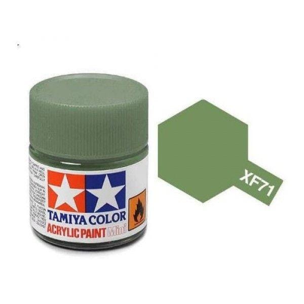 Tamiya XF71 olive green acrylic paint jar for model building and artistic projects.