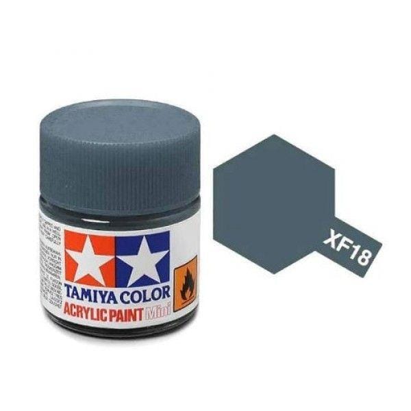 Tamiya XF-18 Dark Gray acrylic paint jar with color swatch for model builders.