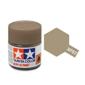 Tamiya XF-57 acrylic paint jar with taupe color swatch for modelers and hobbyists.