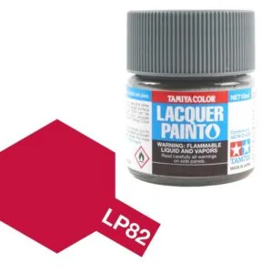 Vibrant Tamiya LP82 Red Lacquer Paint jar for modelers and hobbyists, featuring color swatch.