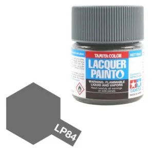 Tamiya LP84 Grey Lacquer Paint jar with color swatch for precise model detailing.