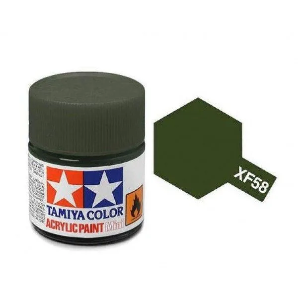 Tamiya XF-58 acrylic paint jar with muted green color, ideal for military models and detailing.