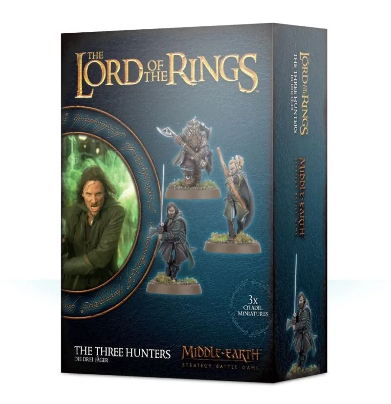 Collectible Three Hunters miniatures from Lord of the Rings in an elegant, dark-themed box.