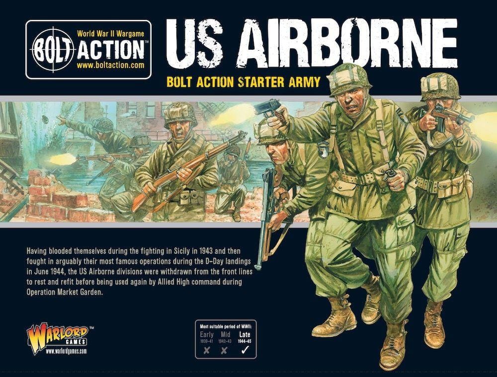 US Airborne Army Set for Bolt Action: Dynamic WWII soldiers in action on a battlefield.