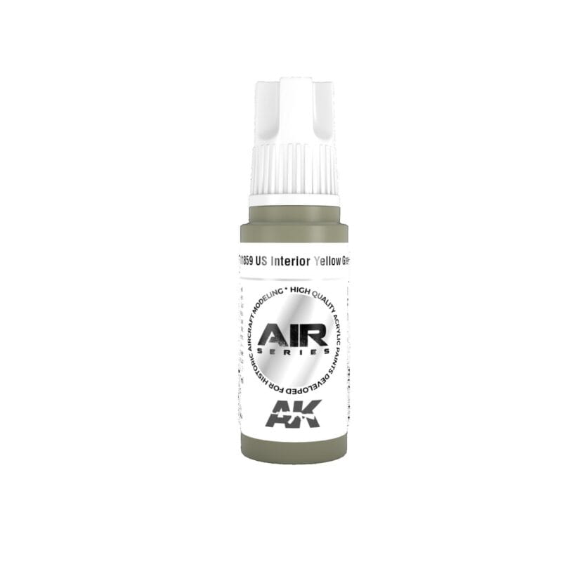 AK Interior Yellow model paint in a sleek bottle, perfect for airbrush detailing.