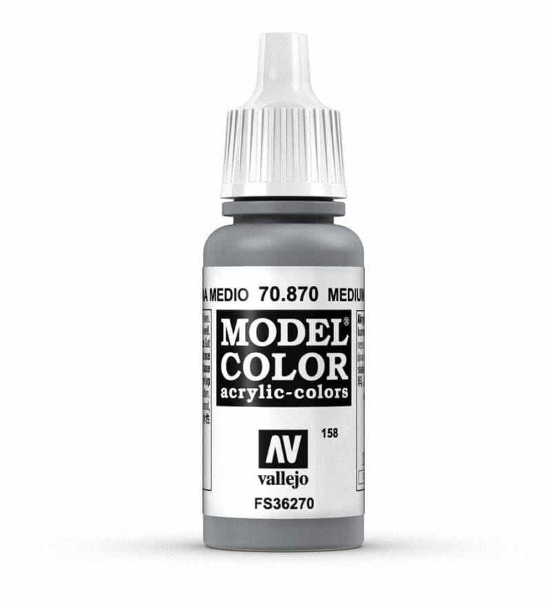 Vallejo gray acrylic paint bottle, Model Color range, perfect for modelers and hobbyists.