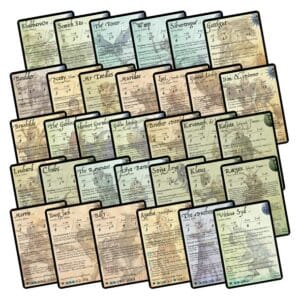 Explore 52 vintage fantasy game cards with elegant designs and unique titles in earthy tones.