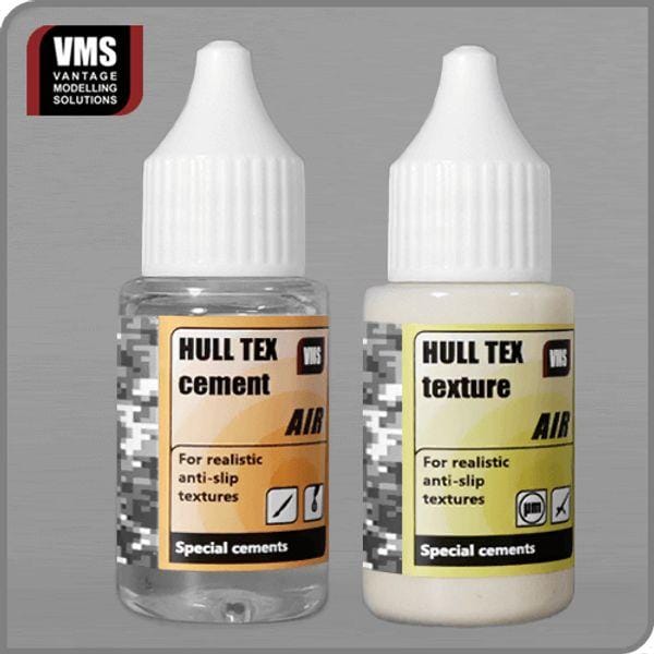 Vantage Modeling Solutions Hull Tex cement and texture bottles for precise miniature modeling.
