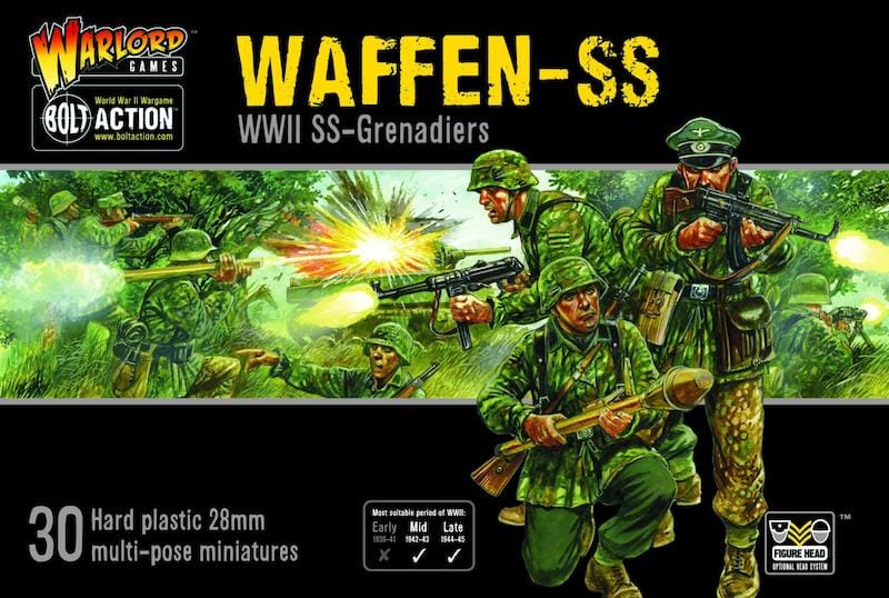 Waffen-SS Grenadiers model kit by Warlord Games: 30 customizable WWII miniatures for tabletop gaming.