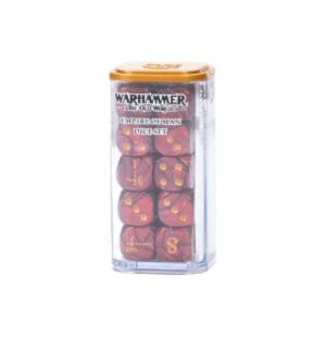 Vibrant red Warhammer dice set with golden numbers in a clear cylinder and orange lid.