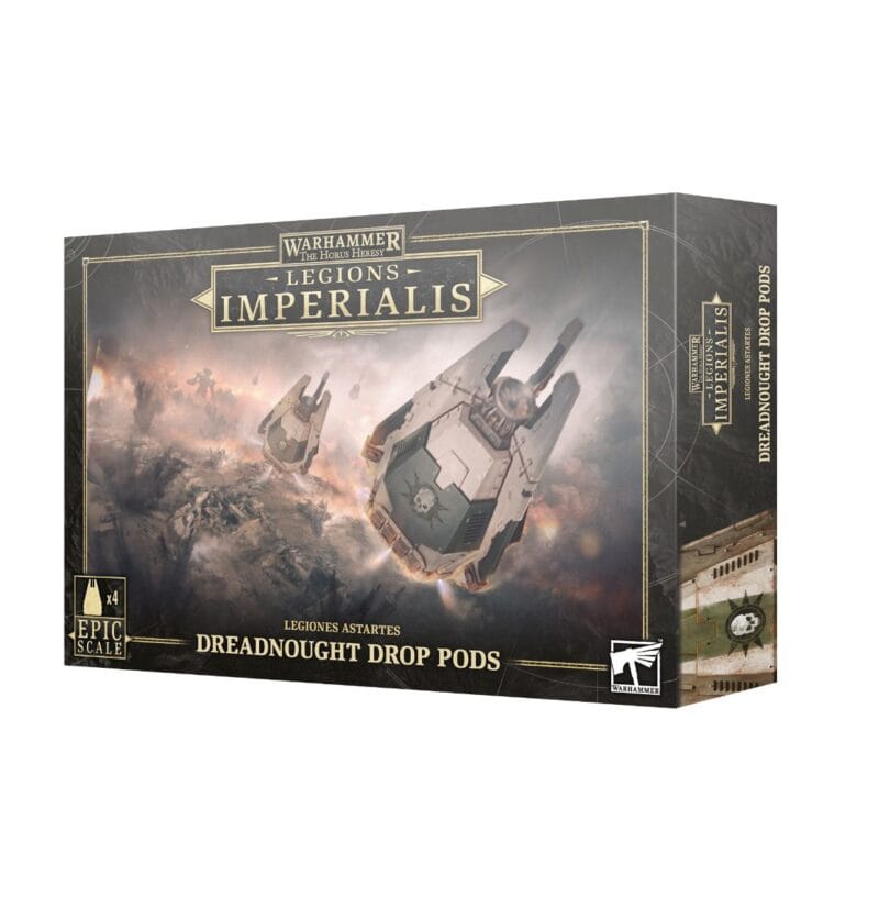 Dreadnought Drop Pods box art showcases dynamic sci-fi designs for Warhammer: Legions Imperialis.