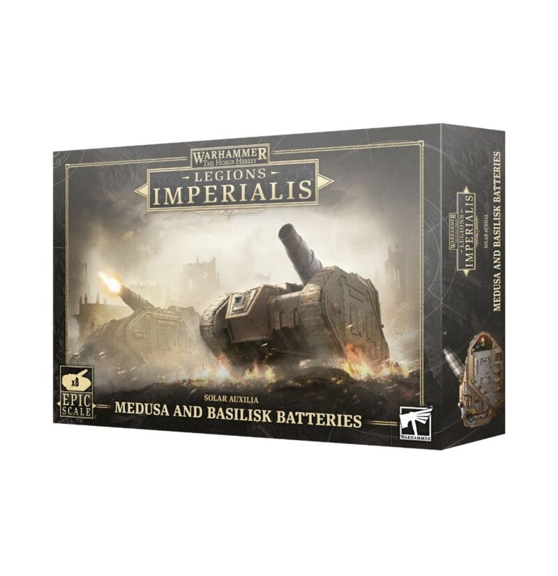 Warhammer Medusa and Basilisk Artillery Set with detailed models and immersive battlefield artwork.