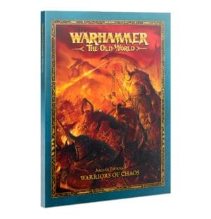 Epic Warriors of Chaos clash in a fiery backdrop, embodying Warhammers dark fantasy universe.