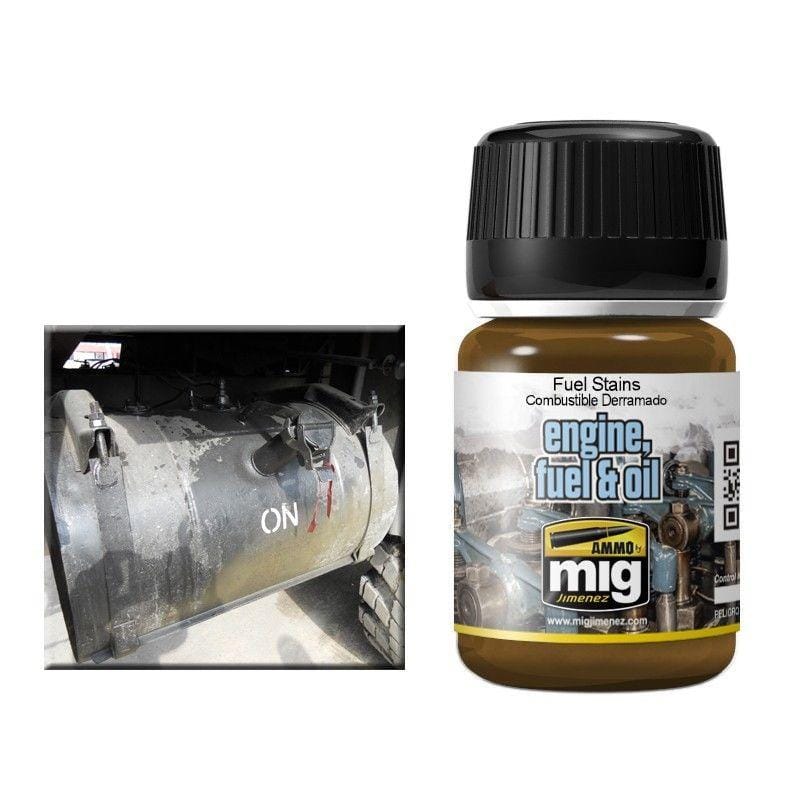 Weathered fuel tank alongside MIG paint for realistic model fuel stain effects.