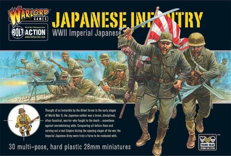 Dynamic WWII Japanese infantry miniatures in action on a detailed battlefield display.