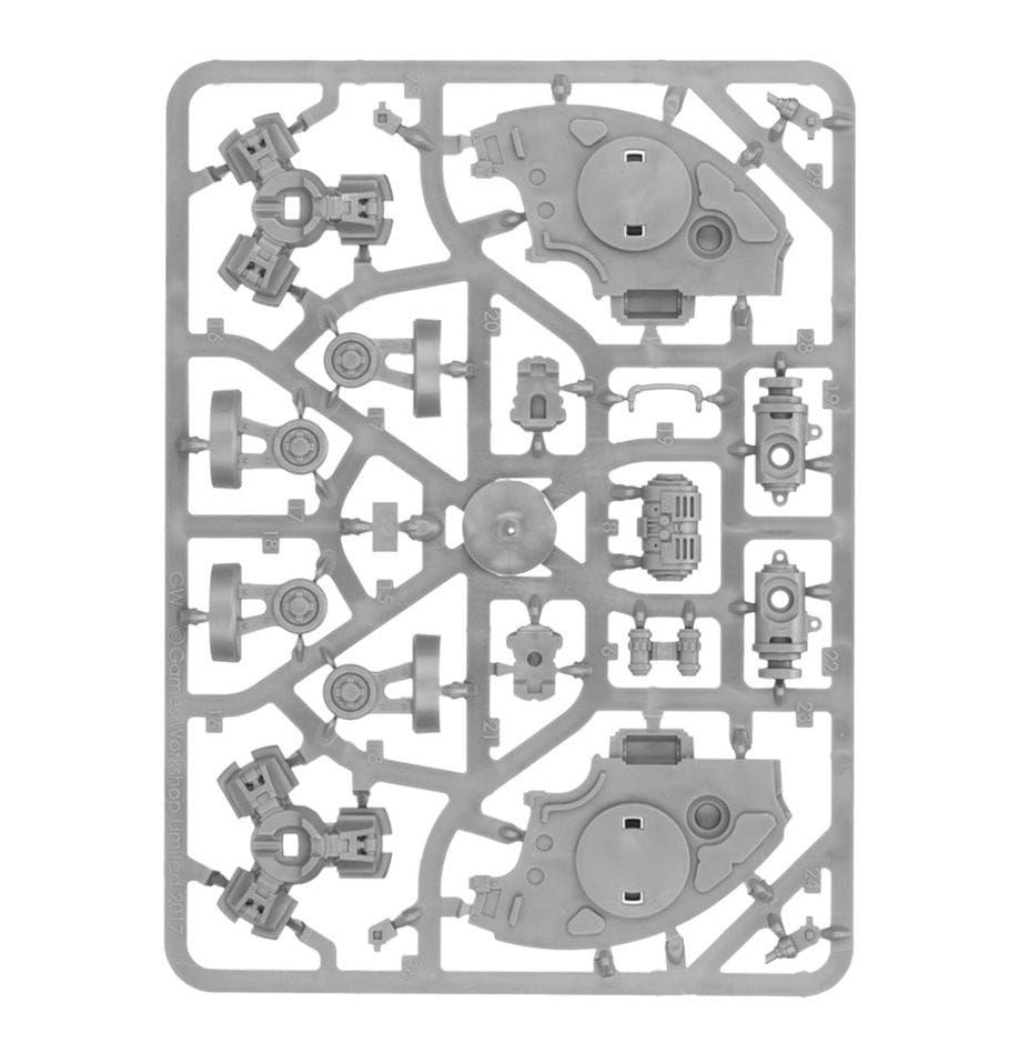 Detailed gray plastic sprue for assembling intricate mech and robotic model components.