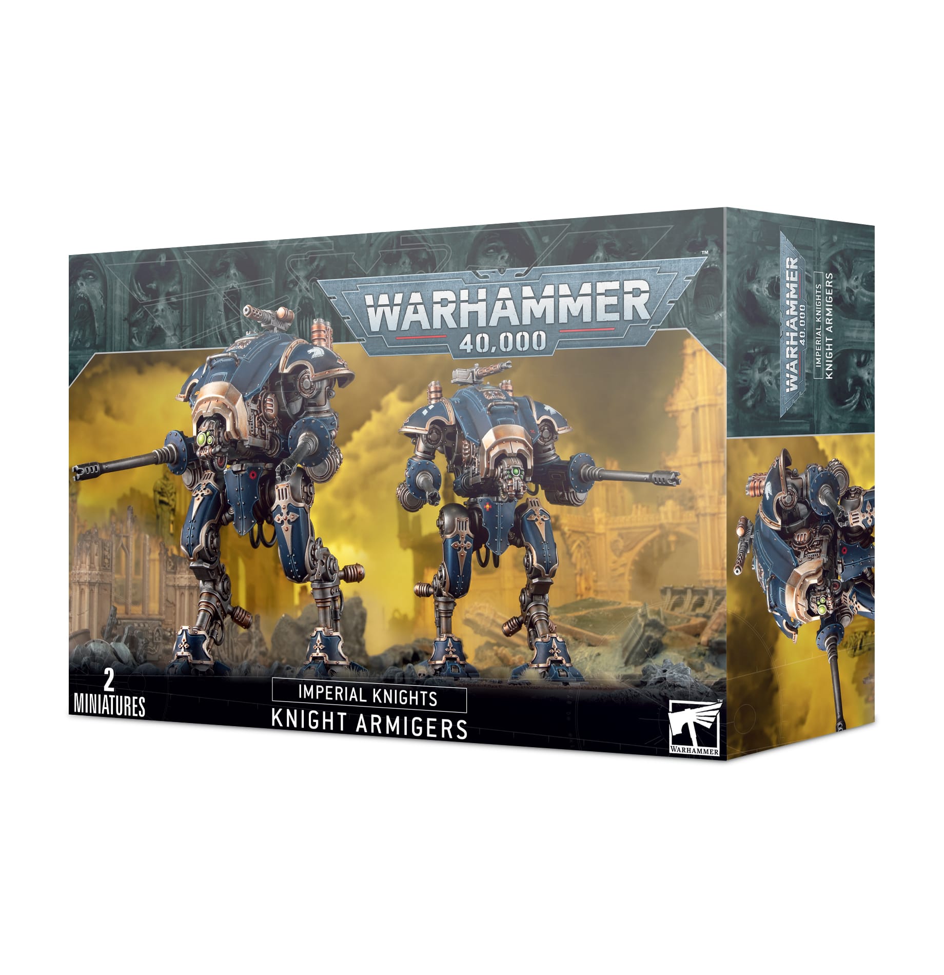 Knight Armigers box art: vibrant miniatures and dystopian landscape from Warhammer 40K.