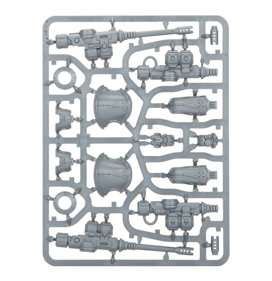 Detailed model kit sprue with weapons and accessories for tabletop gaming miniatures.
