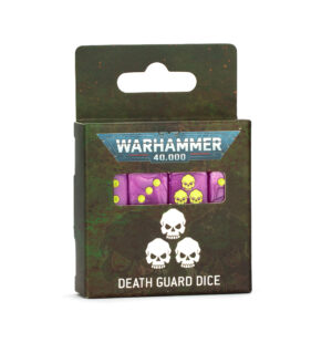 Death Guard dice set for Warhammer 40,000 with purple dice, yellow spots, and skull designs.