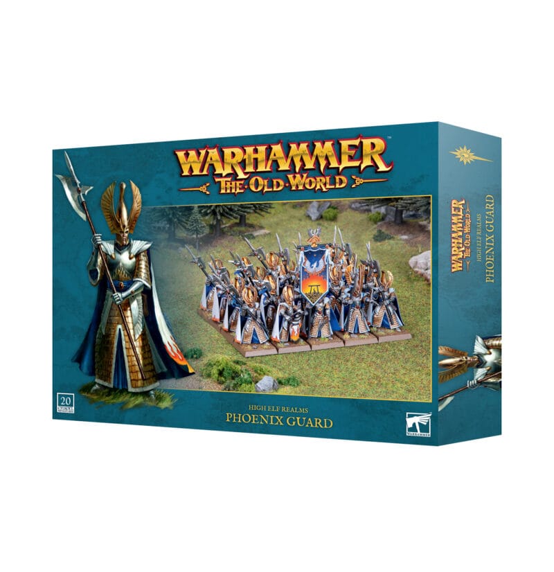 Phoenix Guard set from Warhammer: The Old World features vibrant characters and epic fantasy battles.