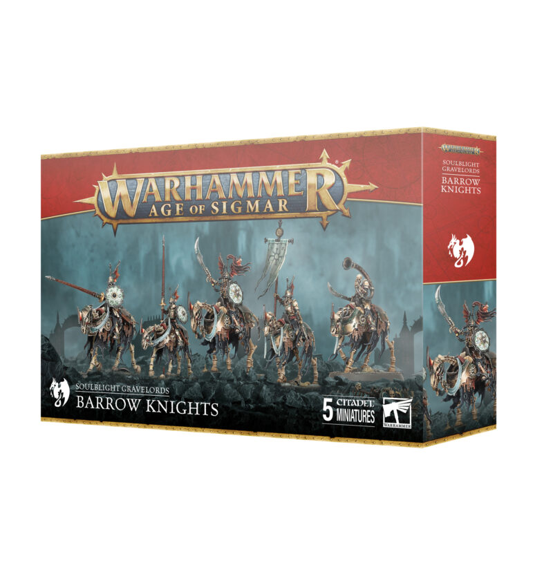 Barrow Knights Miniature Set: Five detailed undead knights on skeletal steeds for Warhammer: Age of Sigmar.