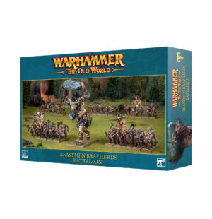 Beastmen Bravery Battalion box art for Warhammer: The Old World features dynamic miniatures and vibrant design.