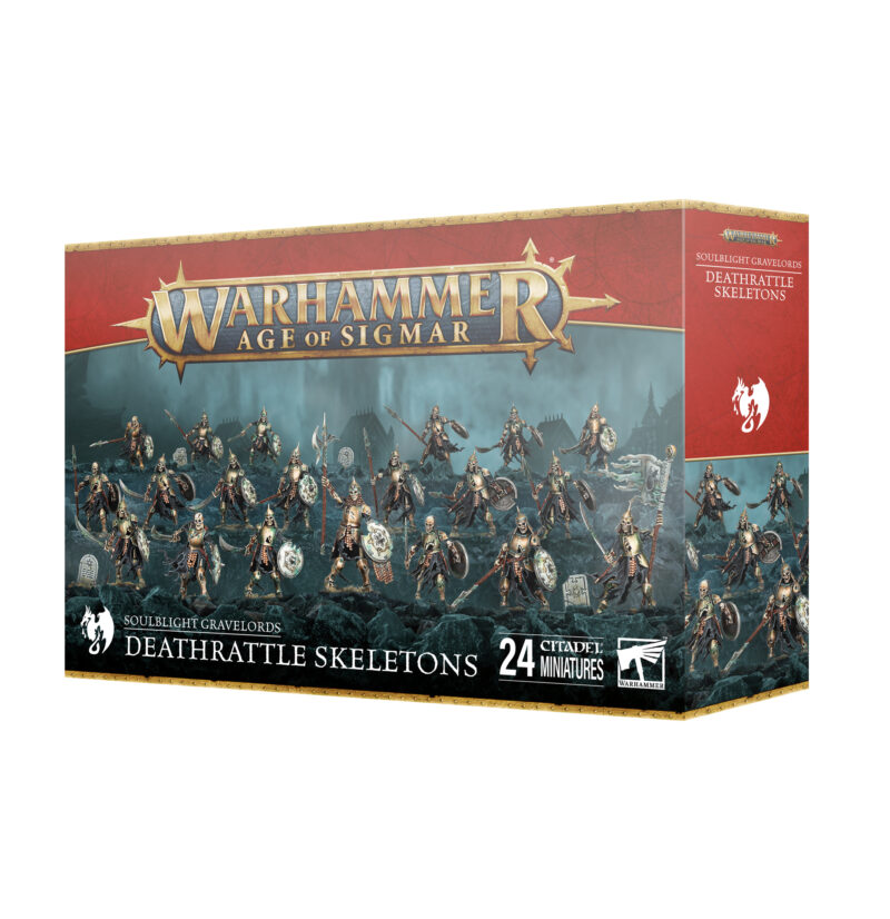 Deathrattle Skeletons set for Warhammer: Age of Sigmar features 24 detailed undead miniatures.